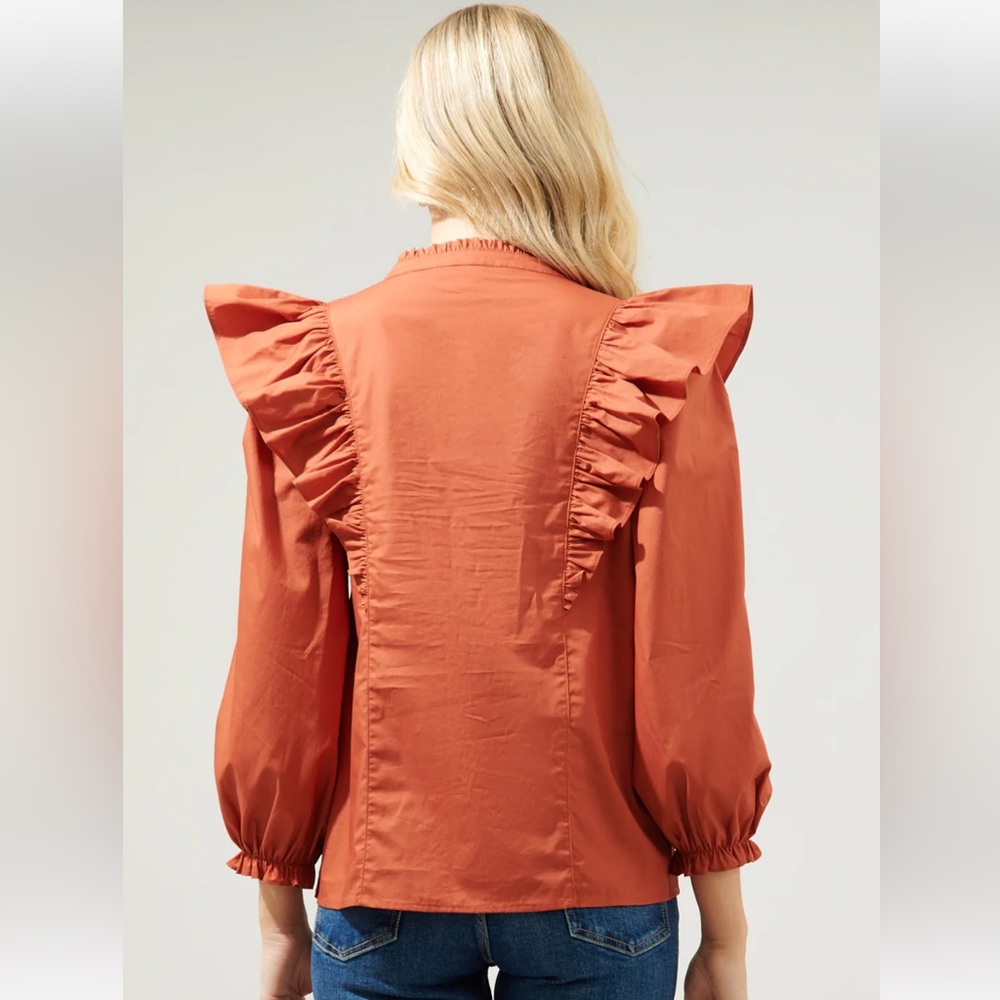 Sugarlips Rust Orange Grayson Ruffle Split Neck T… - image 4